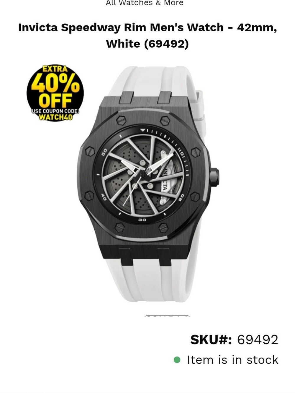 333. Invicta Speedway Rim Men's Watch - 42mm, White (69492) - Picture 2 of 7